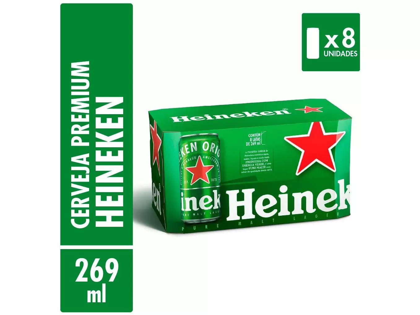 Cerveja Heineken Lata Puro Malte Lager 8 Unidades - 269ml